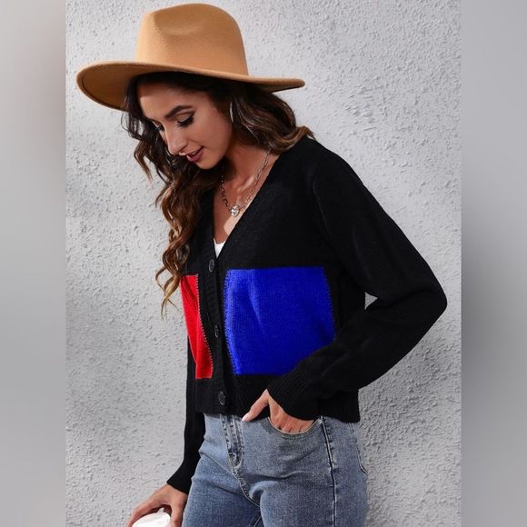 Black, Red, & Blue Color Block Button Up Long Sleeve Cardigan - Picture 3 of 3